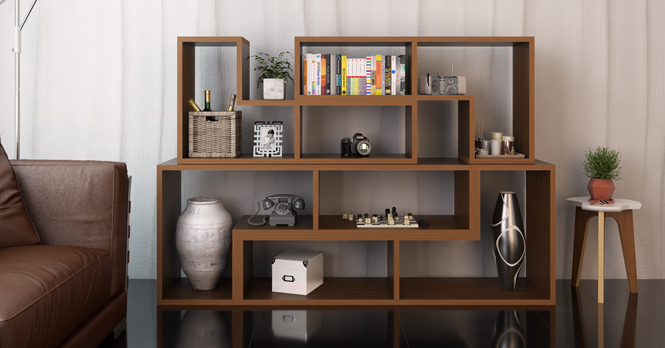 grid shelving walnut finish
